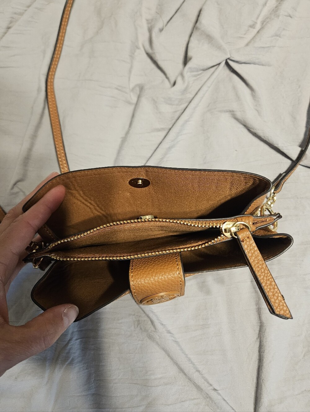 Nanette Lepore Tan Leather Crossbody Wristlet with Gold Hardware - Picture 6 of 9